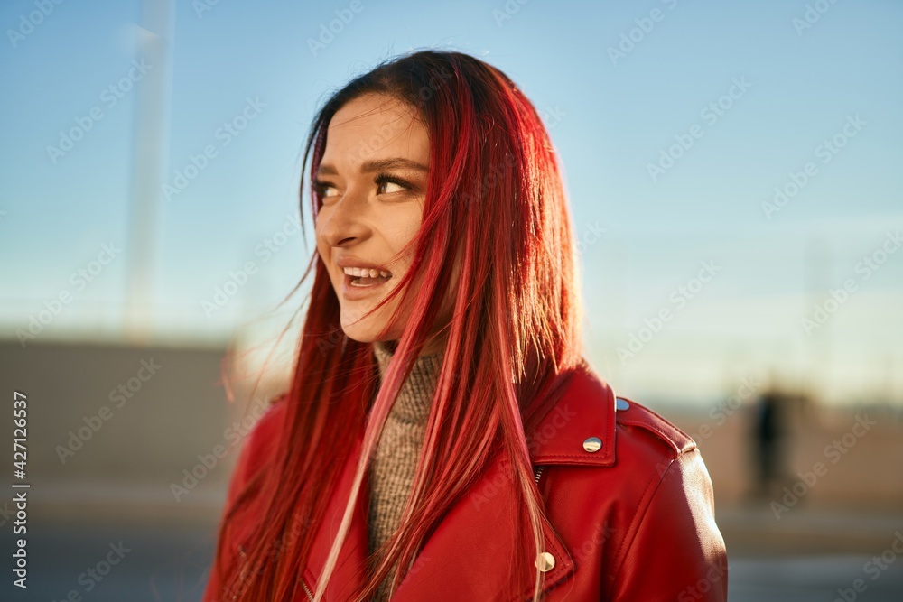Young caucasian girl smiling happy standing at the city. Young caucasian girl smiling happy standing at the city.
