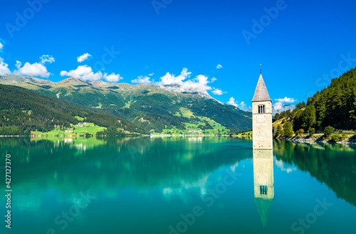 Submerged Bell Tower of Curon on Lake Reschen in South Tyrol, Italy