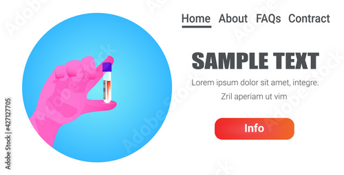 doctor hand holding test tube with blood sample on coronavirus diagnostic test covid-19 laboratory research