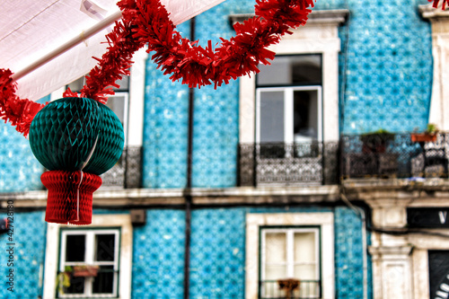 Streets adorned with garlands in Alfama, Lisbon