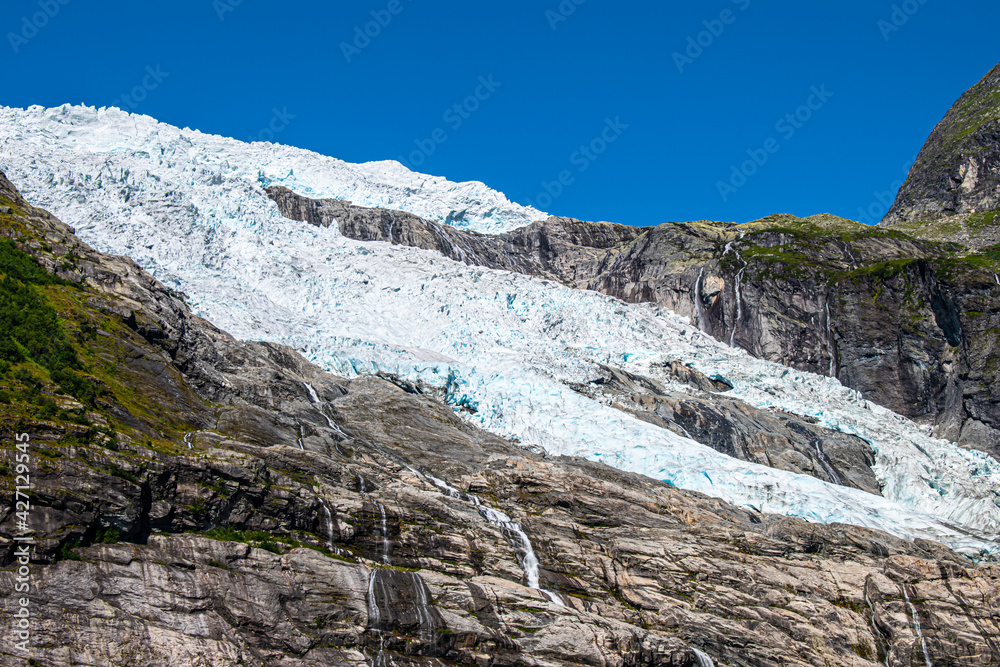 Briksdalsbreen Glacier in 2019, Jostedalsbreen National Park, Norway, closeup photo