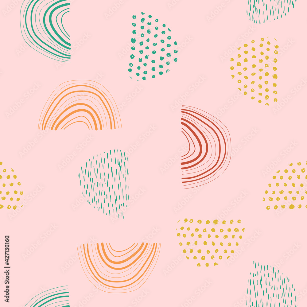 Abstract seamless pattern with doodle rainbows. Hand drawing fantastic colorful rainbow in kids drawing style. Childish scandinavian trendy vector illustration. Modern flat cartoon texture on pink Abstract seamless pattern with doodle rainbows. Hand drawing fantastic colorful rainbow in kids drawing style. Childish scandinavian trendy vector illustration. Modern flat cartoon texture on pink