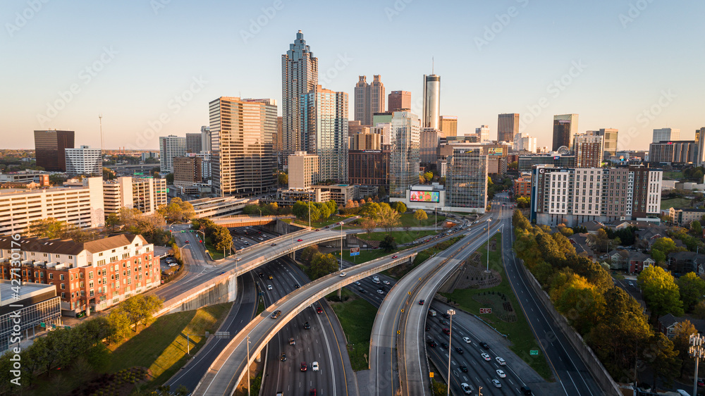 Aerial drone shot over the famous downtown connector interchange in the  heart of downtown Atlanta, Georgia. Photos | Adobe Stock