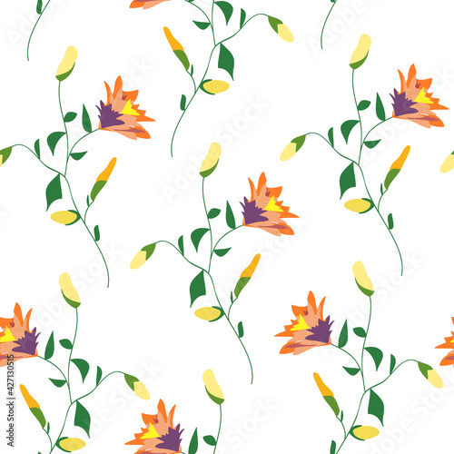 Floral blossom seamless pattern. Randomly scattered blooming botanical motif. Hand drawn flowers on branches sketch drawing on light background. Color vector illustration on white