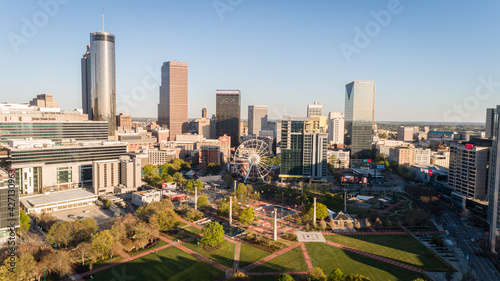High-altitude aerial shot Centennial Park in downtown Atlanta, Georgia.