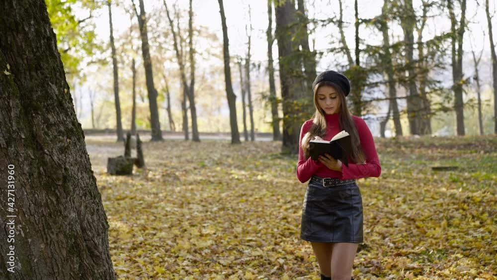 Girl looks around the sunny autumn park and writes down her thoughts in notebook Girl looks around the sunny autumn park and writes down her thoughts in notebook