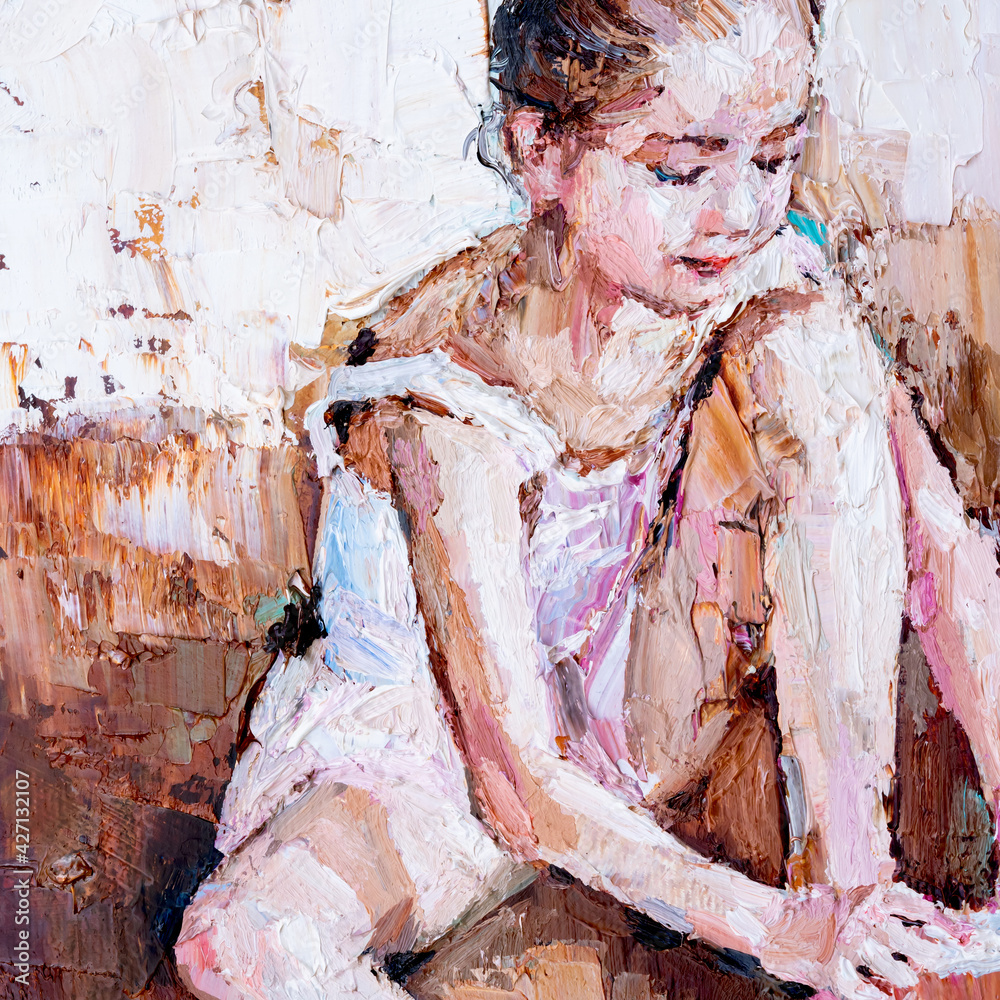 Little ballerina  sits and fastens pointe shoes on a light brown background. Fragment of oil painting, palette knife technique and brush. .Little girl in a dance class.