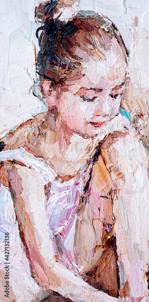 Little ballerina  sits and fastens pointe shoes on a light brown background. Fragment of oil painting, palette knife technique and brush. .Little girl in a dance class.