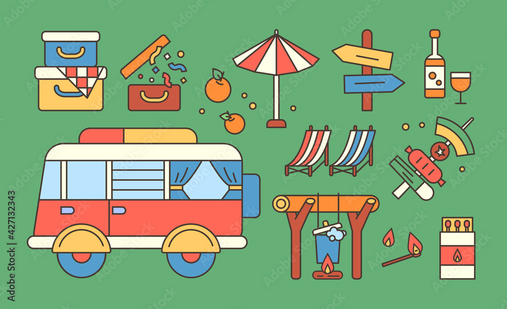 Collection of caravan camping objects. flat design style minimal vector illustration. Collection of caravan camping objects. flat design style minimal vector illustration.