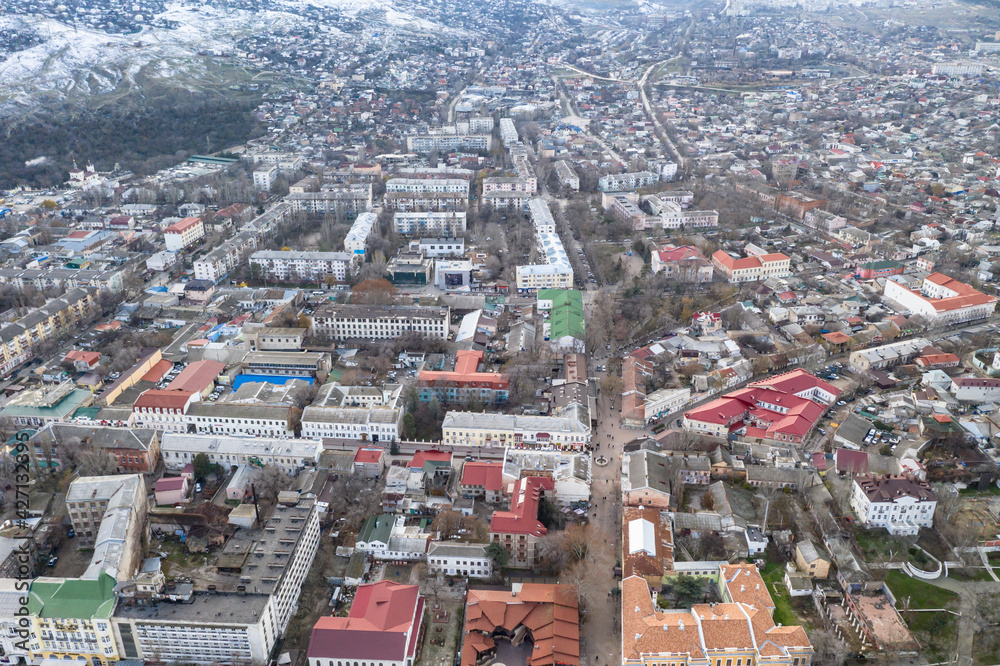 The city of Feodosia in winter from a bird's eye view. Historical center of the city.