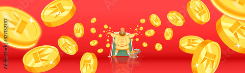 Fortune, luck, bingo Falling coins, falling money, flying gold coins, golden rain. Jackpot or success concept. King with a big smile throws gold, treasures. The concept of wealth. Vector illustration