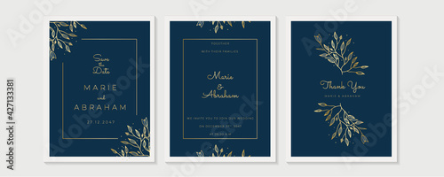 Wedding Invitation, floral invite thank you, rsvp modern card Design in golden rose leaf greenery branches decorative Vector elegant rustic template