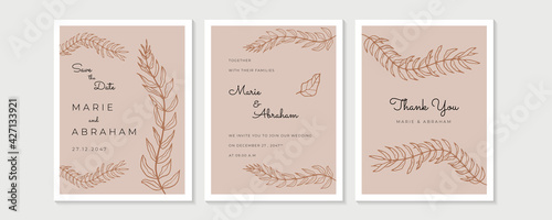Wedding Invitation, floral invite thank you, rsvp modern card Design in golden rose leaf greenery branches decorative Vector elegant rustic template