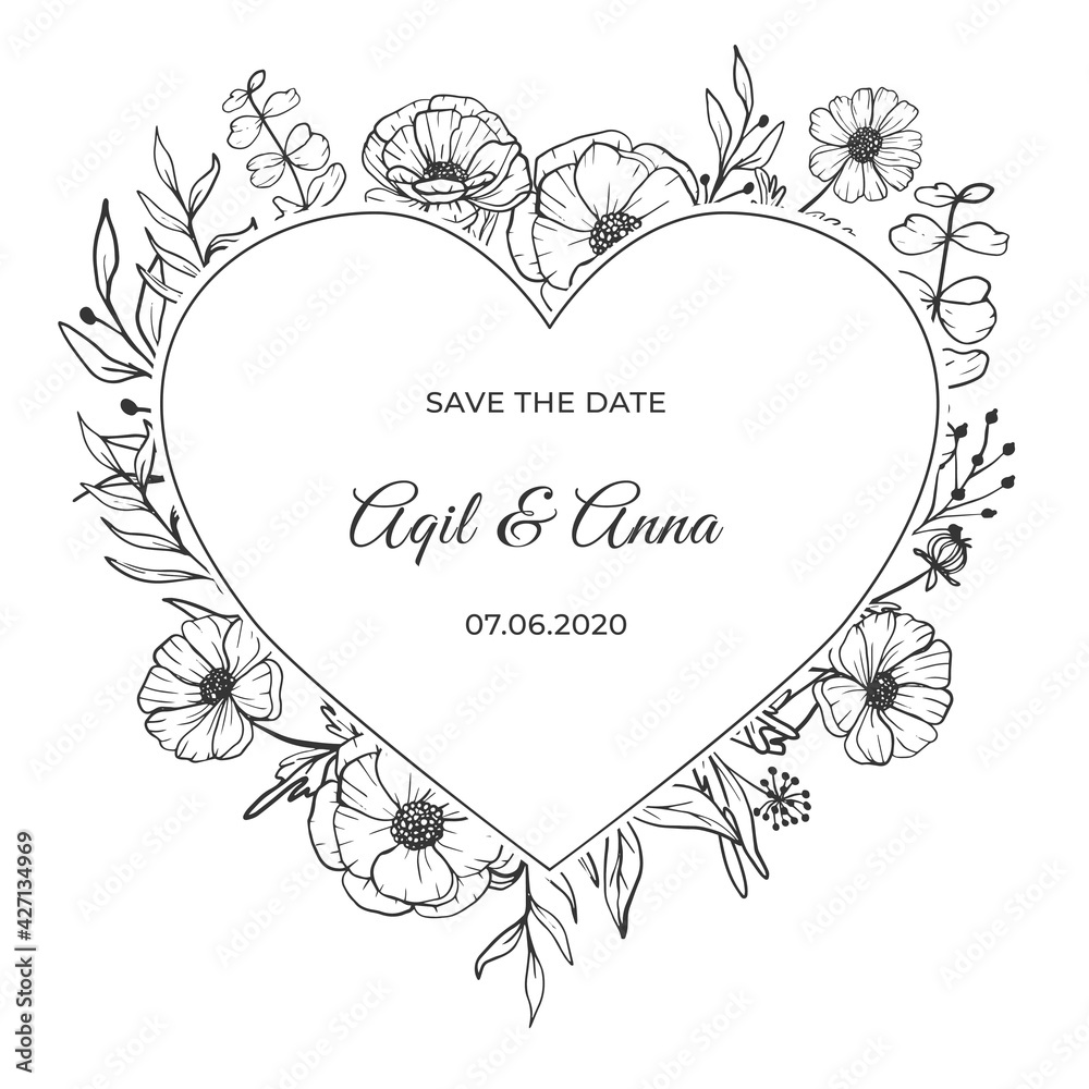 Modern wedding invitation with beautiful line art flower