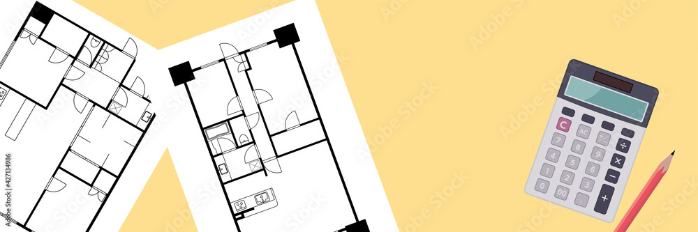 マンションの間取り図の図面と電卓のイラスト見取り図 マイホーム購入検討賃貸住宅 Stock ベクター Adobe Stock