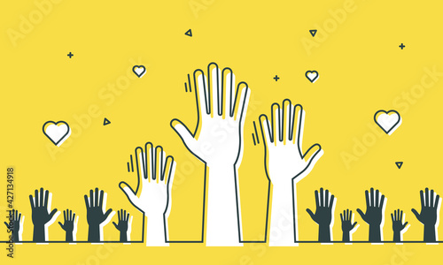 Volunteers and charity work. Social care raised helping hands. Illustration with a crowd of people ready and available to help and contribute. Positive foundation, business, service.