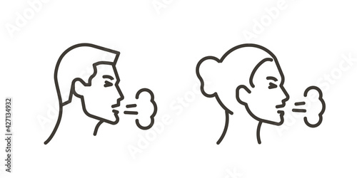 Man and Woman face coughing. Vector thin line icon illustration of sick people cough. Influenza, virus, flu, cold or allergy graphic element.