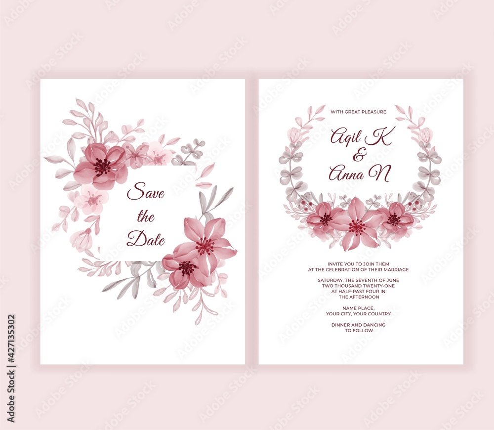Modern wedding invitation card with beautiful pink flowers