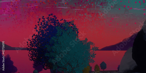 Japanese panorama. Chinese style structures. Digital art illustration. Beautiful landscape.  Japan architecture. 3D illustration. 