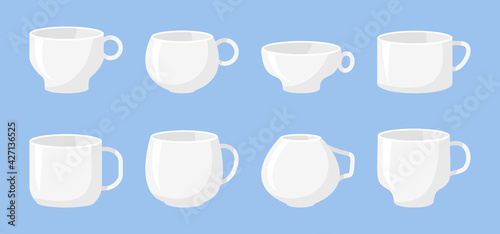 Classic white coffee cups mockup icon set. Different shape empty template mugs for design logo for shop, tea house menu. Flat cartoon style with space for labels. Isolated on white vector illustration