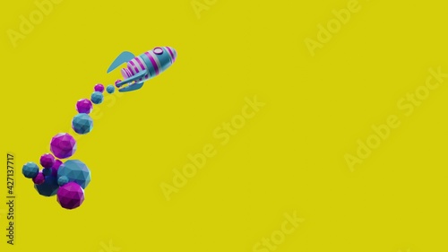3d rocket flying colorful illustration in yellow backround