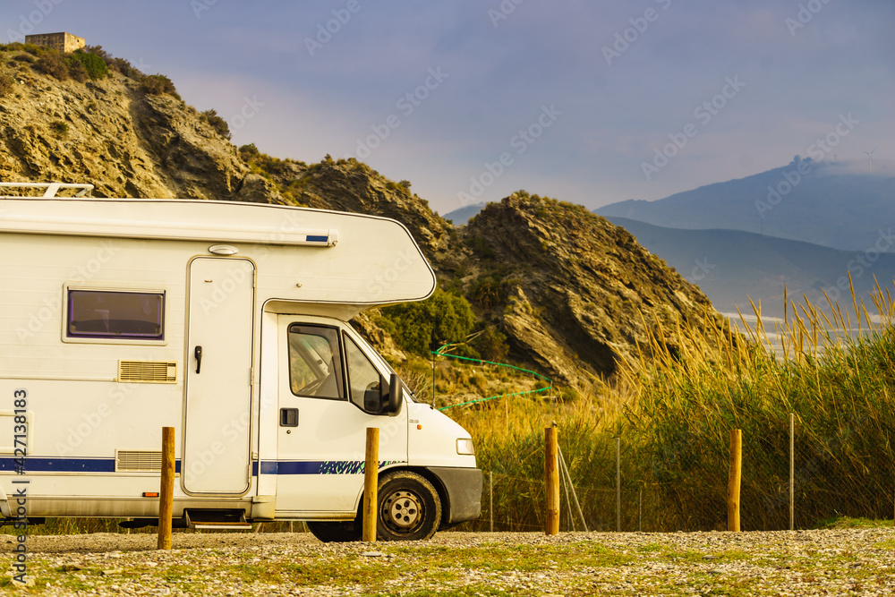 Rv camper camping on nature, Spain.