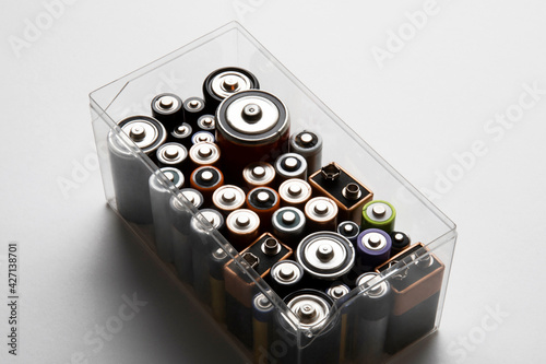 Various disposable batteries placed in organized plastic box.