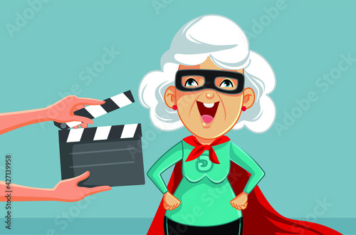 Senior Actress Filming Super Hero Movie Vector Illustration