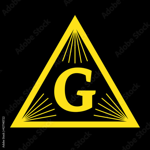 Large letter G inside a golden pyramid. Popular symbol of the Masons. Isolated vector image of gold color on black background. Vector icon