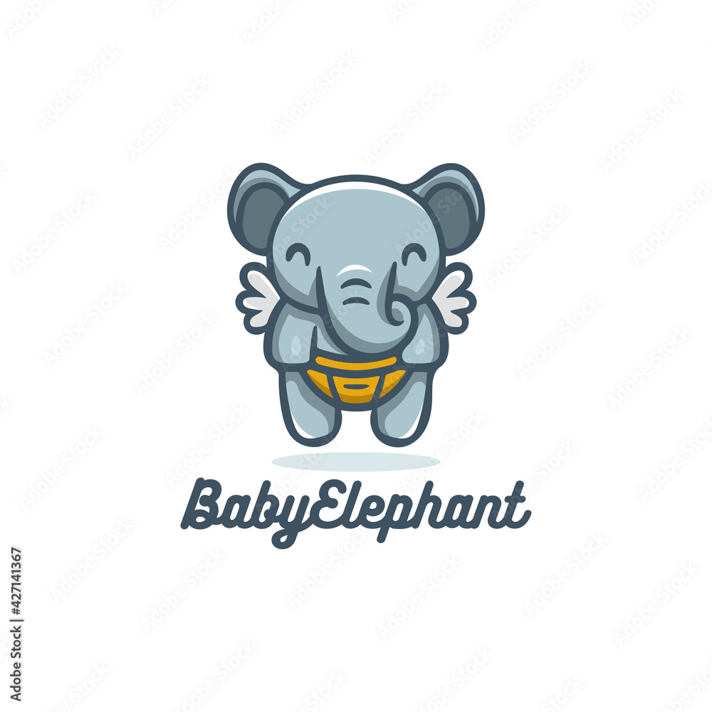 Cute baby elephant flying with wings logo mascot