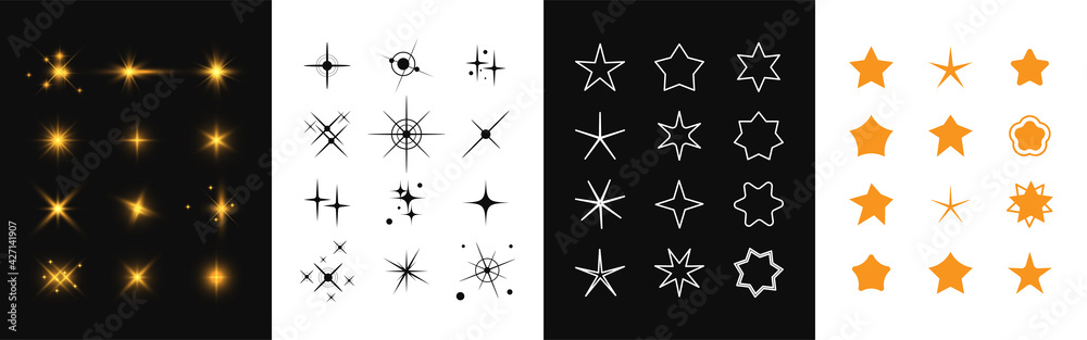 Set of stars icons. Collection of various shape twinkling effect symbols isolated on black, white background. Magic particle vivid for decorative for festive. Fantasy elements. Vector illustration. Set of stars icons. Collection of various shape twinkling effect symbols isolated on black, white background. Magic particle vivid for decorative for festive. Fantasy elements. Vector illustration.