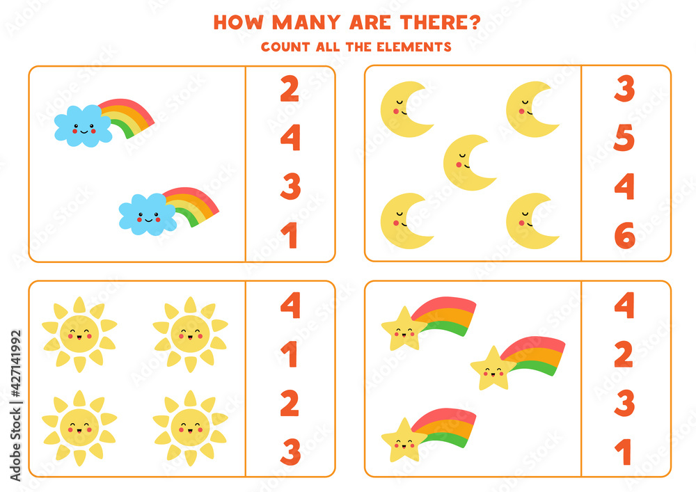 Counting game with cute sun, moon, star, cloud. Math worksheet.