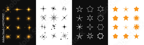 Set of stars icons. Collection of various shape twinkling effect symbols isolated on black, white background. Magic particle vivid for decorative for festive. Fantasy elements. Vector illustration.