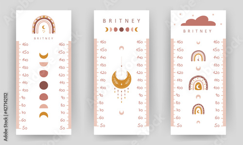 Set of kids height chart. Meter wall with cute boho rainbow and moon. Vector illustration in doodle cartoon style. Childish growth chart. Poster template for nursery design.
