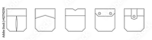 Patch pocket. Set of uniform patch pockets shapes for clothes, dress, shirt, casual denim style. Isolated icons.