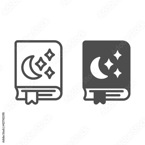 Bedtime story moon, star line and solid icon, children book day concept, book with moon, star vector sign on white background, story outline style for mobile concept and web design. Vector graphics.