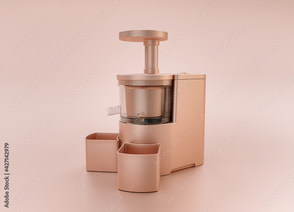 Anodized Rose Gold Material single color kitchen appliance, Juicer, on light pinkish color background, 3d rendering, utensil Anodized Rose Gold Material single color kitchen appliance, Juicer, on light pinkish color background, 3d rendering, utensil