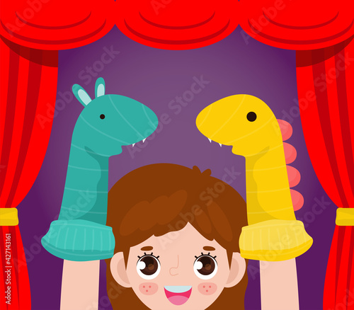 Vector illustration cartoon of cute little children playing sock puppets in theater, Kids with Sock Puppets for a Show isolated on background 