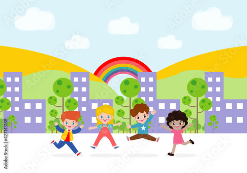 Set group collection of vector cute babies kids characters playing doing activities in different various poses, Happy children jumping and dancing in park isolated on background Vector Illustration
