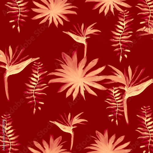Red Pattern Art. Ruby Tropical Nature. Gray Floral Palm. Brown Drawing Design. Scarlet Fashion Background. Coral Flora Plant. Decoration Palm.