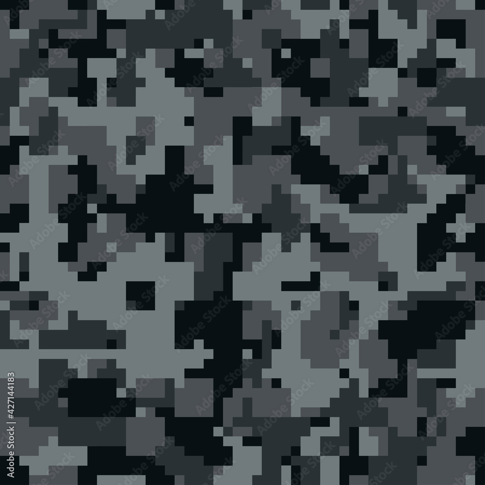 Digital black camo texture. Pixel army camouflage seamless pattern for