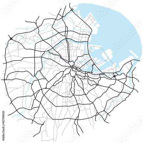 Tokyo city map (Japan) - town streets on the plan. Monochrome line map of the  scheme of road. Urban environment, architectural background. Vector 