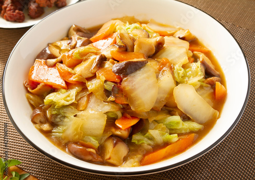 Mushroom napa cabbage stew close up. Chinese food.