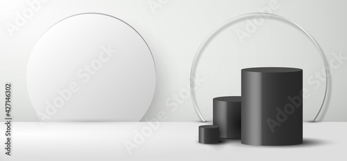 3D realistic empty minimal black cylinder shape and white backdrop on clean studio room background