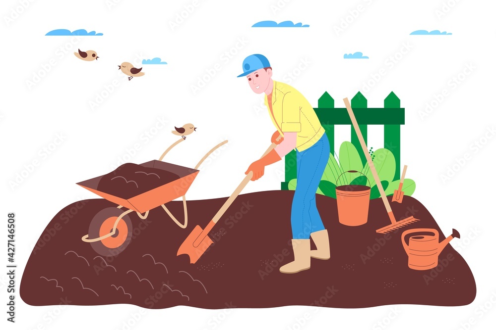 Farm, farming and agriculture. A farmer worker works on a farm, orchard, or vegetable garden: digging the ground, making beds, planting seedlings of vegetables and fruits, and watering the plants.