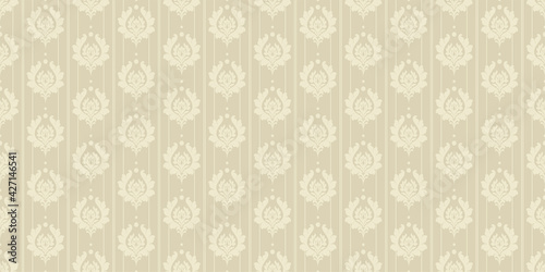 Decorative background pattern with floral ornament on a beige background, damask fabric. Great for postcards, covers, wallpapers. Seamless pattern, texture for your design. Vector image 