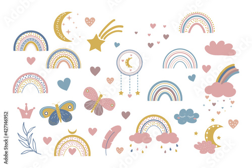 Vector boho clipart for nursery decoration with cute rainbows and moon, cloud, dream catcher. Doodle modern illustration. Perfect for baby shower, birthday, children's party