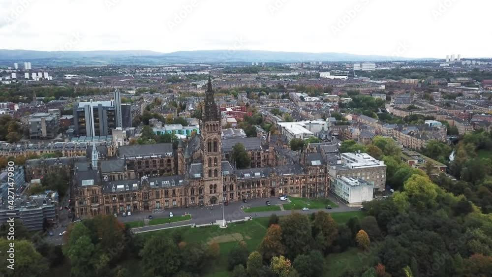 Bird's eye view of Glasgow University in Scotland. Aerial forward Bird's eye view of Glasgow University in Scotland. Aerial forward
