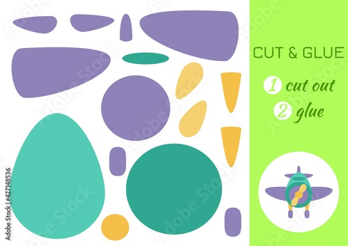 Cut and glue paper cartoon green plane. Cut and paste craft activity page. Educational game for preschool children. DIY worksheet. Kids logic game, activities jigsaw. Vector stock illustration.