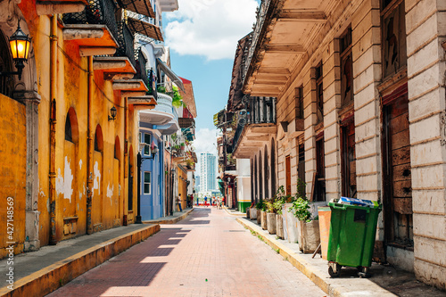 PANAMA CITY, PANAMA - june, 2019. Old buildings in the old part of Panama City photo